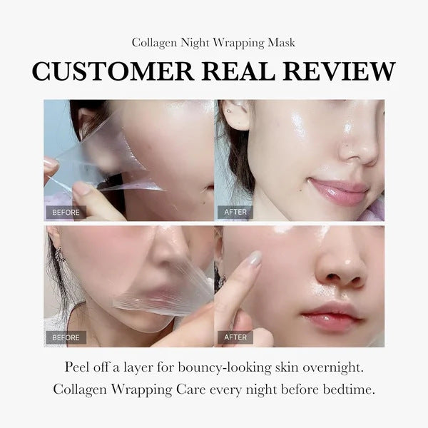 Customer real review showing before and after results from peeling off the Rushify Collagen Night Wrapping Mask overnight