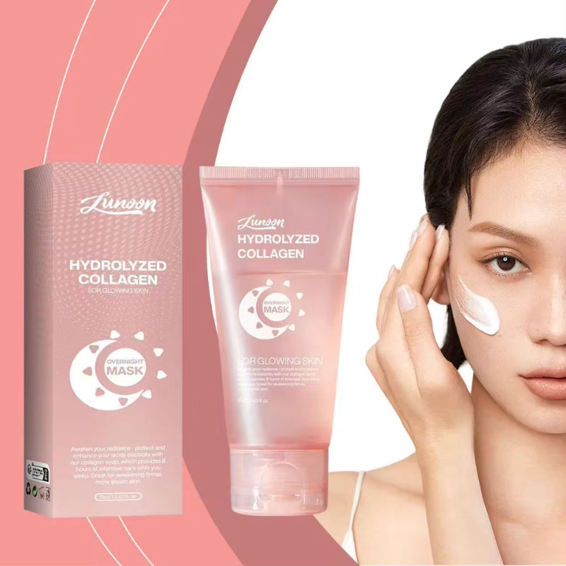 Woman applying Rushify hydrolyzed collagen night mask with packaging shown beside her