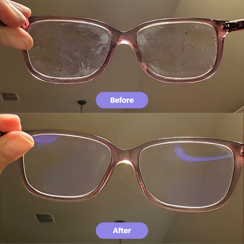 Before and after using the Rushify Ultrasonic Cleaner on pink-framed glasses, showing foggy lenses transformed to clear