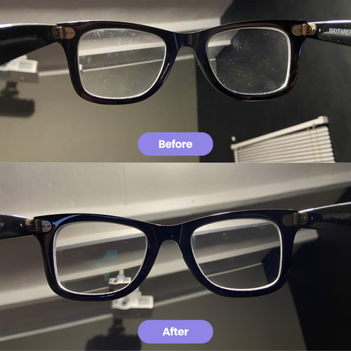 Before and after using the Rushify Ultrasonic Cleaner on Wayfarer-style glasses, showing hazy lenses transformed to clear