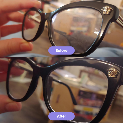 Before and after using the Rushify Ultrasonic Cleaner on cat-eye glasses, showing smudged lenses transformed to clear