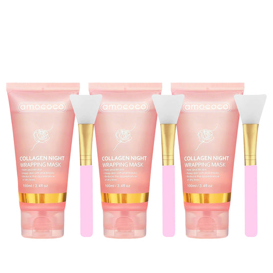 Three tubes of Rushify collagen night wrapping mask with application brushes