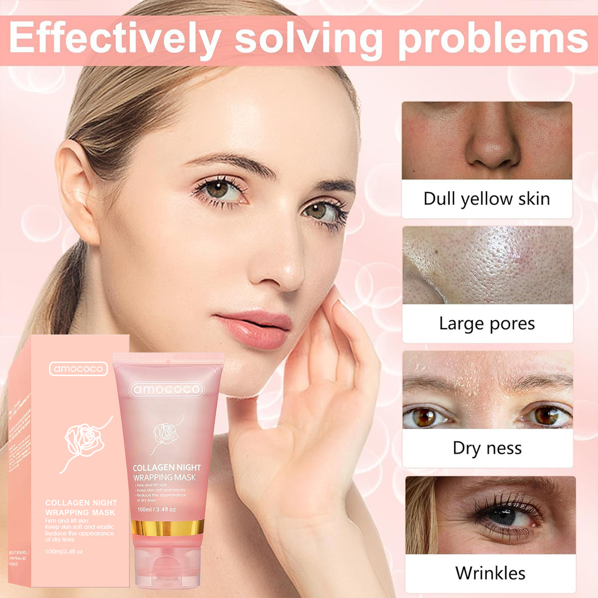 Woman with visibly brighter, firmer skin the morning after using the collagen wrapping mask
