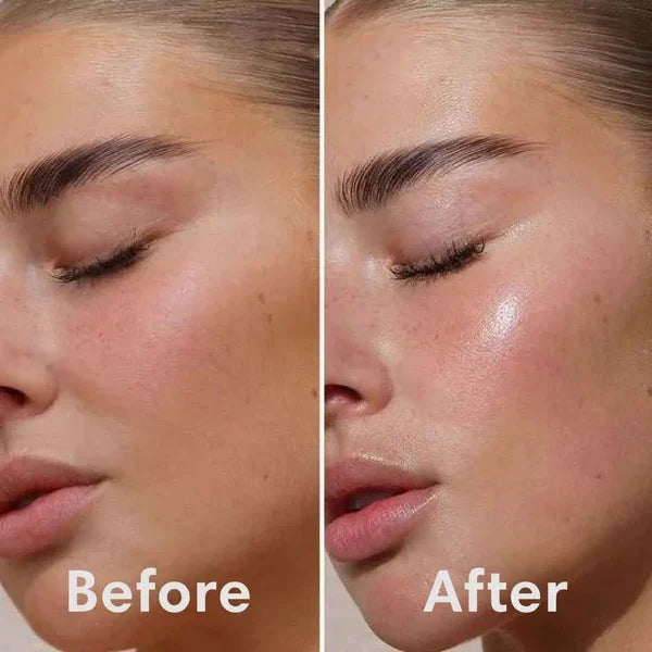 Before and after side-by-side comparison showing brighter, firmer skin after using the Rushify Collagen Night Mask