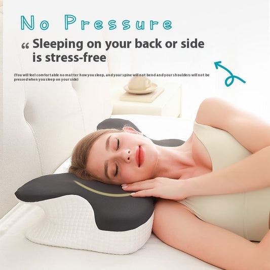 Woman sleeping comfortably on her side using the Rushify contoured memory foam neck pillow