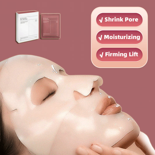 Woman relaxing with Rushify collagen face sheet mask applied, packaging shown beside her